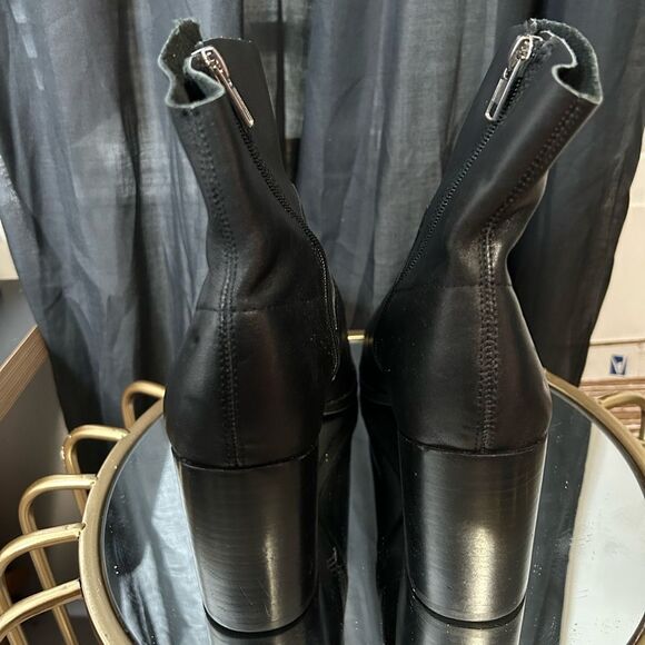 Steve Madden Cate Black Leather Block Heel Pointed Toe Boots - Picture 3 of 5